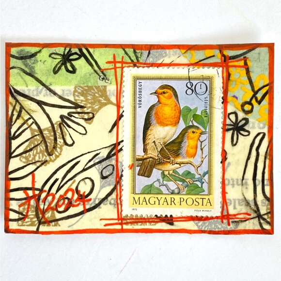 ACEO Original Mixed Media Art 1975 Hungary Bird Postage Stamp ATC - Picture 1 of 4